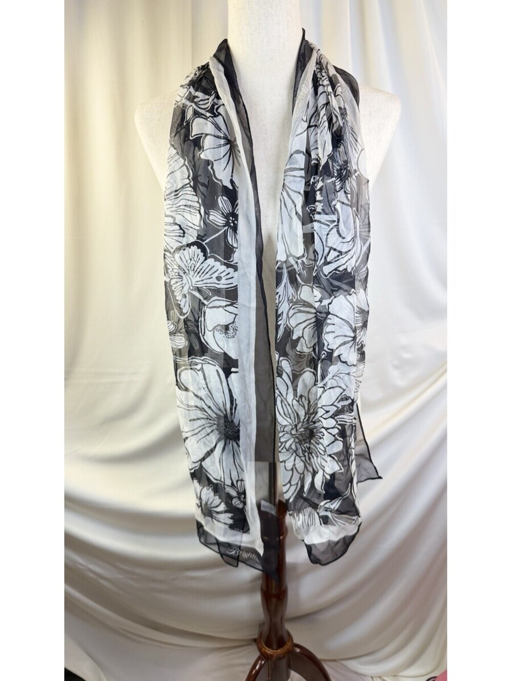 BRIGHTON Floral Silk Scarf 20”x 67” Lightweight Black & White NWOT